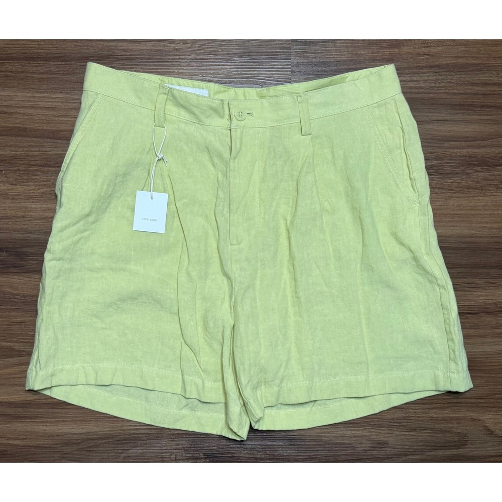Zara Mens 100% Linen Pleated 5.5" Shorts Green/Yellow Size 34 USA 44 EUR